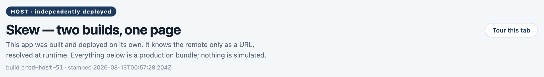 The demo host's header showing its stamped build id and timestamp