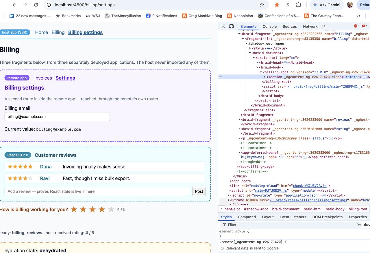 Braid demo application running Angular, React, and Web Component microfrontends on one page inside Shadow Roots and hidden iframe realms